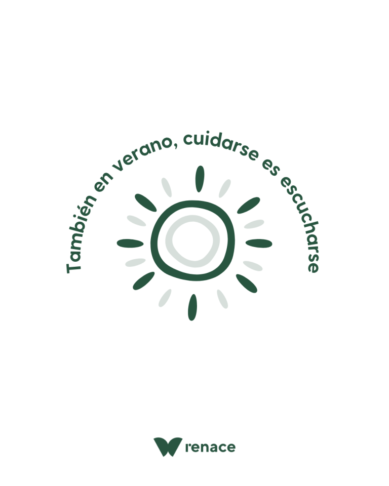 También en verano, cuidarse es escucharse” con ilustración de sol. Imagen de la campaña de concienciación sobre TCA en verano de Renace.
