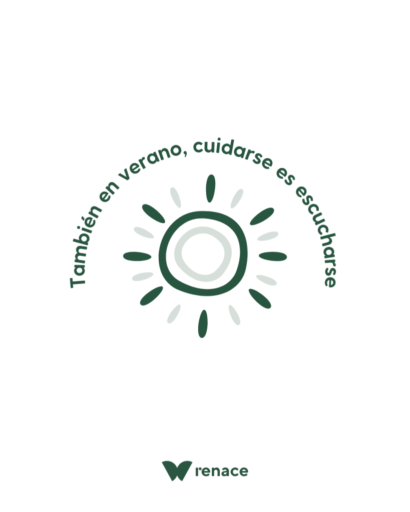 También en verano, cuidarse es escucharse” con ilustración de sol. Imagen de la campaña de concienciación sobre TCA en verano de Renace.